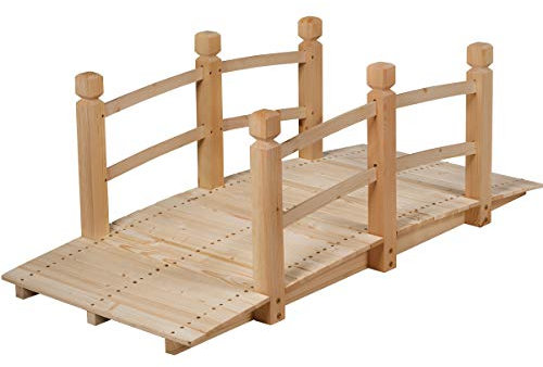 GiantexUK 1.5M Wooden Garden Bridge, Decorative Arc Footbridge with Safety Guardrails, Outdoor Bridge Walkway for Ponds Streams Borders (Wooden Railings, Natural)
