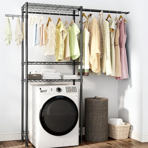 Over Washer and Dryer Shelves,3 Tier Adjustable Wire Shelving Laundry Room Storage Organization Clothes Drying Rack with Mounted on the Wall Expandable Hanger Rods&Hook,55~74.5Wx13.4Dx77H