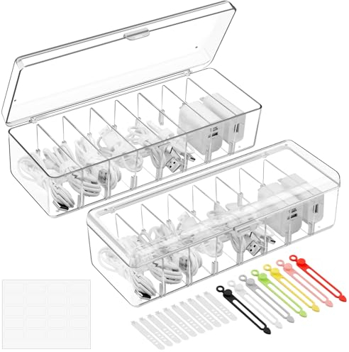 WuGU 2 Piezas Organizador de Cables, Organizador Cables con 8 Compartimentos & 17 Bridas de Cables, Caja Organizador Cables Escritorio para Almacenamiento de Escritorio, Oficina, Papel Etiqueta