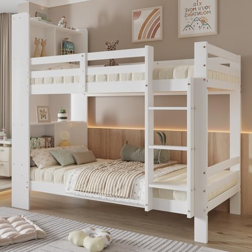 Moimhear Letto per Bambini 90x200 cm, Letto a Castello con Scaffali e Scala Dritta a Tre Gradini, Letto in Legno con Cassetti, Struttura del Letto in Legno Massiccio