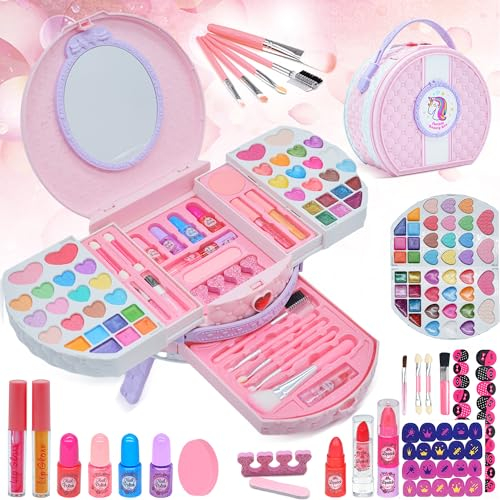 Kinderschminke Set Schminkkoffer Mädchen, 66 Stück Dresser Modell Schminkkoffer Mädchen, Waschbar Echte und Sichere Make-up Spielzeug für Mädchen 3-12 Jahre, Weihnachten Geburtstag Mädchen Geschenk