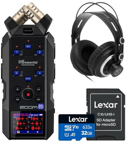 Zoom H6essential 6-Track 32-Bit Float Handy Recorder Bundle with Passenger Series TAP300 Professional Semi-Open Back Studio Monitoring Headphones and 32GB Memory Card