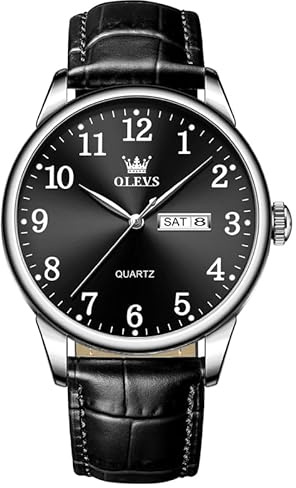 OLEVS Reloj de Cuero para Hombre Reloj Analógico de Cuarzo de Acero Inoxidable Cuero Negro Hombres Relojes Clásico de Negocios Resistente al Agua Elegancia Luminoso Día Fecha Esfera Negro