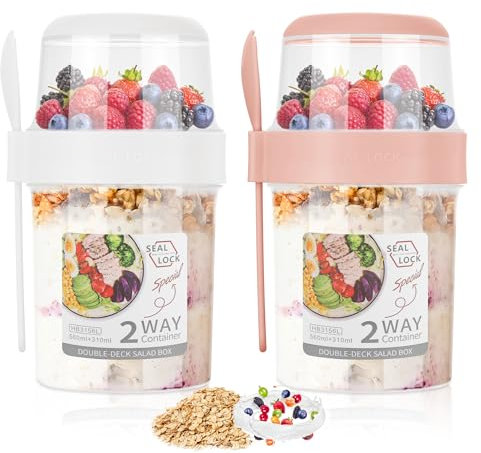 Hejo 2 Pcs Overnight Oats Container with Lip, 560ml+310ml Yoghurt Pots, Reusable Breakfast Pots, Cereal Cup with Spoon, Cereal and Milk On The Go Container, Overnight Oats Jar for Outdoor (Pink&White)