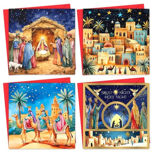 Tarjetas de Navidad 2024 con sobres, tarjetas de Navidad de lujo religiosas, paquete múltiple, tarjetas de Navidad con 4 úniques escenas de Belén (125 x 125 mm), tarjetas de felicitación para familia