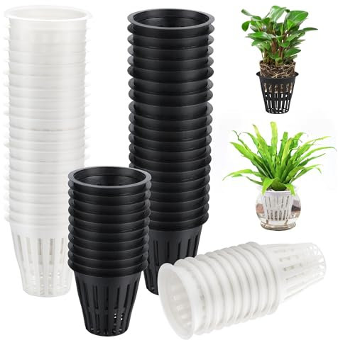 YiliYa 60 Pezzi Cestino per Piante Idroponiche,Cesto Idroponico Piantare in Plastica Maglia Netto Idroponica Pentola Cesti Vasi in Rete per Coltura Idroponica e Coltura(Nero+Bianco)