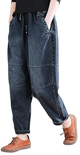 semen Women Drawstring Elastic Waist Oversized Harem Denim Pants Wide Leg Baggy Jeans with Pockets