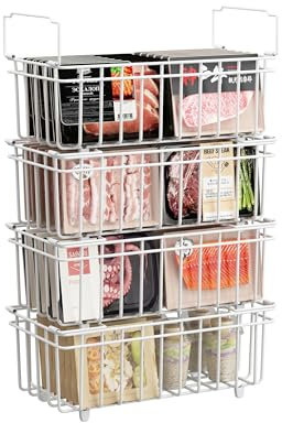 UMDONX 4 Pack Chest Freezer Baskets Organiser Storage Boxes - Stackable Kitchen Wire Rack for 198L Deep, Pantry Metal Shelf with Fold down Handle White
