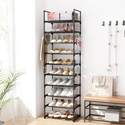BAKAJI Scarpiera a 10 Ripiani Modulabile Capacità 20-24 Paia di Scarpe, Portascarpe Nero Organizer Multiuso Ideale per Ingresso, Camera da Letto, Corridoio, Ripostiglio, 43 x 26 x 172 cm