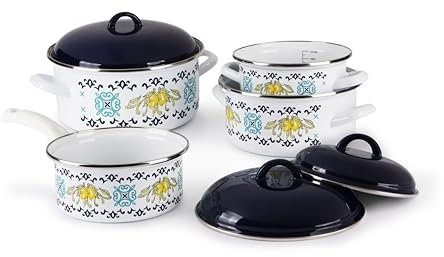 Excelsa Amalfi Set di Pentole Smaltate 7 Pezzi, Casseruole 16-20-24 cm con Coperchi, Decorazione Mediterranea