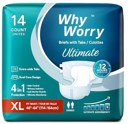 WhyWorry Ultimate Windeln für Erwachsene, Inkontinenz Slip für Frauen und Männer, Erwachsenen Windel mit ultimativ Saugfähigkeit, Auslaufschutz über Nacht, Unisex, Größe XL, 14 Stück