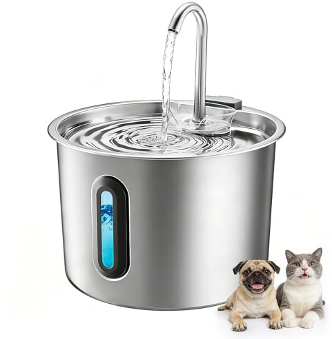 Fuente para Gatos Acero Inoxidable 2,2 L – Rever E101 Fuente de Agua para Gato con Ventana Visible y Bomba Ultra-silenciosa, Sistema de Multi-filtración, Bebedero Gatos y Animales Pequeños (Plata)