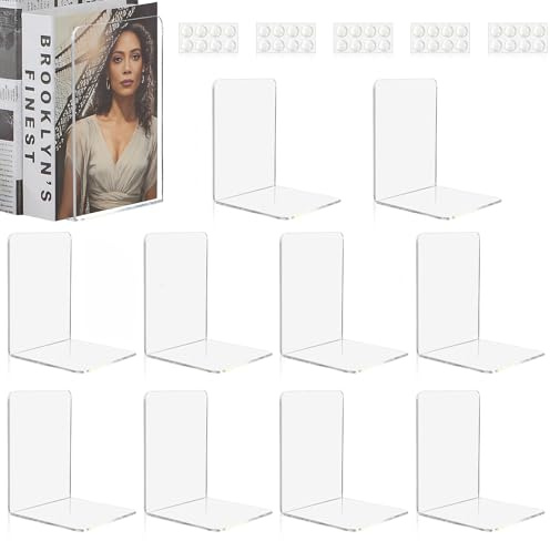 Aurinovellia 10 Piezas SujetaLibros Estanteria, Sujetalibros de Acrílico Transparente con 40 Almohadillas Antideslizantes, Organizador de Libros de 3 mm de Grosor, para Escuela Casa Oficina 10x10x13cm