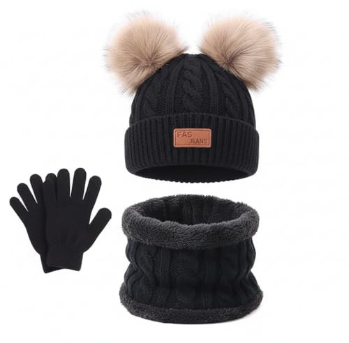 Set de Bufanda Gorro y Guantes, Conjunto de Bufanda Sombrero y Gorro Niño Invierno, Gorros con Pompon Lana NiñoBraga Cuello Polar y guantes de punto cálidos para niño 2-6 Años