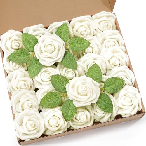 Lifewit 25 Pezzi di Rose Artificiali, Fiori di Schiuma Classiche con Manico, per DIY Bouquet di Matrimoni/Spose, Decorazioni da Tavola/San Valentino/Feste/Casa, Realisticamente Morbido, Bianco