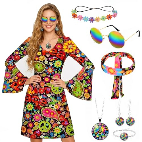 Disfraz Hippie Mujer, Disfraz Años 60 y 70 Mujer, 7 Piezas Accesorios Hippie con Gafas De Sol, Collar, Pendientes, Flores Paz y Diadema con Diseño Sol para Fiesta Verano, Discoteca y Carnaval (S)