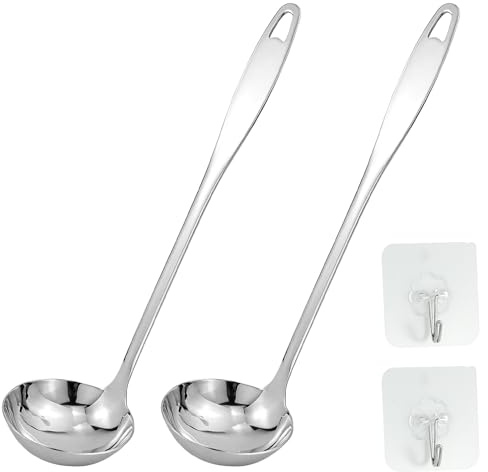 2 stycken soppslev, soppslev rostfritt stål, såsskedar, silverserveringssked, såssslev, 31 cm, med 2 självhäftande krokar, för soppa, sås, kryddor, gryta, het kruka
