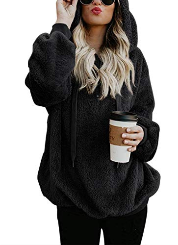 iWoo Sweatshirt Woman Winter Warm Fleece Hoodies with Pockets Casual Loose Women Pullovers for Winter Stylish(Black,XL)