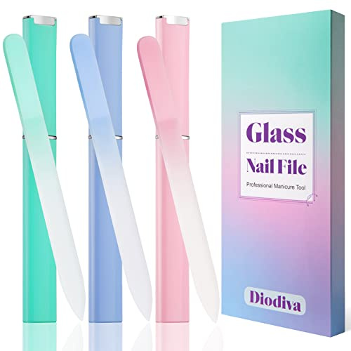 Glass Nail File 3 Pack for Natural Nails, Stocking Stuffers for Women Adults Unique Christmas Gifts Crystal Fingernail Files with Case Etched Nail Filer Professional Nail File Glass Lima de uñas
