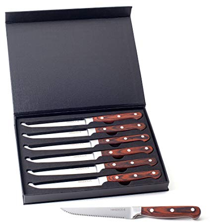 Hanseküche Set di 6 Coltelli da Bistecca in Acciaio Inossidabile con Manico in Legno, Lama Seghettata, Confezione Regalo