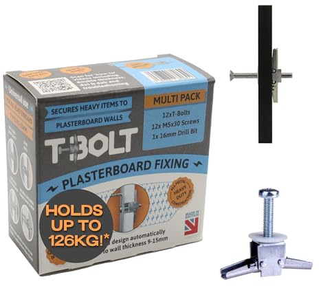 Lot de 12 boulons en T pour plaque de plâtre - Peut supporter jusqu'à 65 kg par fixation - Plaque de plâtre - Cloison sèche - Paroi creux - Très résistant - Perceuse