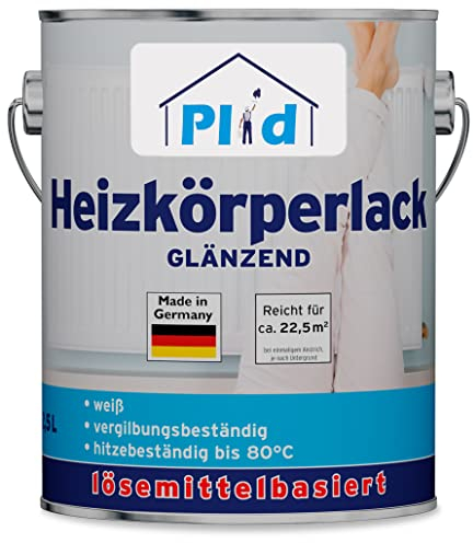 Plid® Heizkörperlack lösemittelhaltig Thermolack Metalllack Heizkörperfarbe Lack Farbe für heizkörperverkleidung schnelltrocknend 2in1 hitzebeständig 80 grad Glänzend Weiß 2,5l