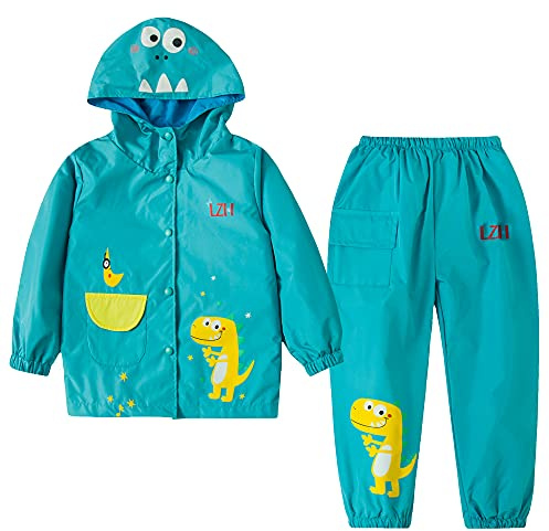 LZH Chicos Impermeable Niños Impermeable Chica con capucha, Chaqueta Pantalones Traje Ligero Conjuntos de 2 piezas, Tamaño Unisex 120/4-5 años, Azul