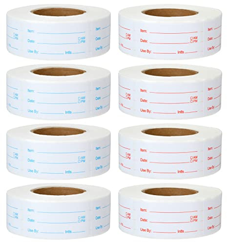 JMIATRY 8 Rolls 4000 Pieces Removable Food Labels, 1 x 2 Inch Food Label Stickers, Freezer Labels for Meal Containers and Jars, Red and Blue