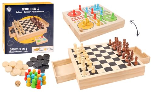 MGM GAMES - 3 Spiele in 1 - Dame, Schach und kleine Pferde - Gesellschaftsspiel - 140713-2 bis 6 Spieler - Brettspiel - Familie - Kinder Spielzeug - Geschenk - 30 cm x 30 cm - Ab 6 Jahren