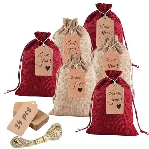 Penubuy 24 sacs cadeaux en jute avec cordon de serrage et étiquettes cadeaux, 5x7'' petit sac en tissu réutilisable pour la fête des bijoux de pièces de bonbons (deux couleurs-grand)
