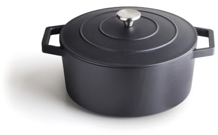 Qulinart by Brandt - Bräter Rund Individuell 28 cm - Inhalt 6,8 l - Deckel aus Gusseisen mit Knopf aus Edelstahl - Induktionsgeeignete - Backofenfest - Mattschwarz