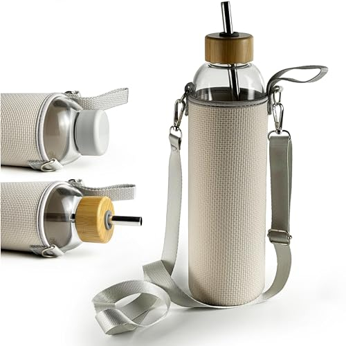 drinmoaer 900 ml Glas Trinkflasche mit 2 Deckeln | Sport Wasserflasche mit Neoprenhülle und verstellbarem Gurt (Weißer Plastikdeckel und Bambusdeckel mit Strohhalm)