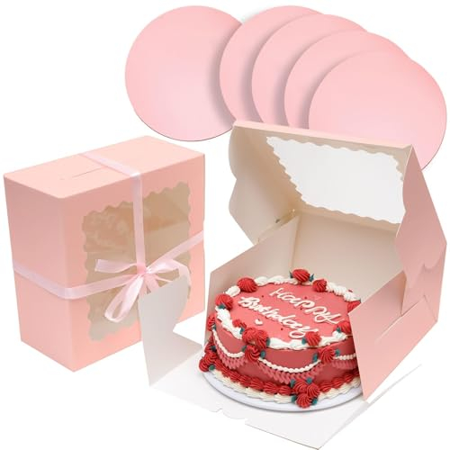 Gcardist 8x8x5 Inch Cake Box, 5 Sets Pink Cake Box with Window ＆ 5 Sets 8 Inch Pink Cake Round Boards, Cake Containers(20.3x20.3x13cm)
