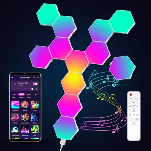 MeRGBW-Home 12 Pcs Hexagon LED Panels, Sechseck Gaming Deko LED Wandleuchte, Musik Sync, APP-Kontrolle, Fernbedienungen, Sechseck Waben Wall Lights Gaming Zubehör Hexa Lampe Smart Zuhause Wand Deko