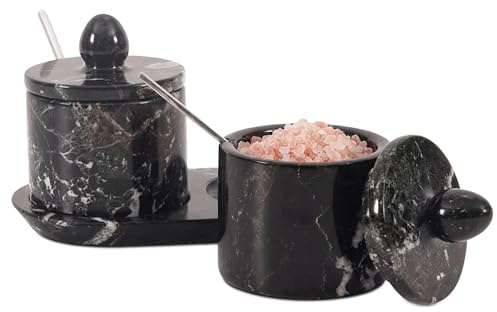 MARBLE RANGE Saltkällare med lock och bricka 10 cm svart handgjord saltbehållare, set med 2 kryddburkar, kryddförvaringsbehållare för köksbänk, sockerskål