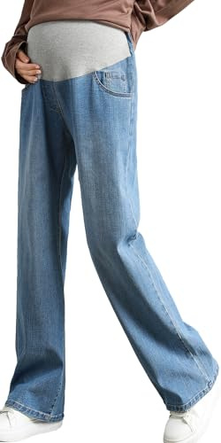 FEOYA Jeans a Gamba Dritta Premaman Donna Pantaloni Vita Elasticizzata Jeans Maternity Morbidi Stretch Jeans Straight Pre Maman Gravidanza Blu 3XL