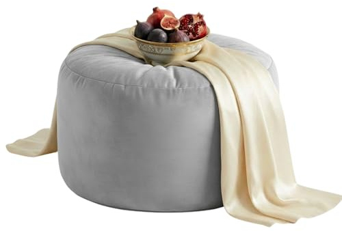 Kosiproducts Velvet Beanbag Ottoman Round Circle Footstool Pouf Chair Pouffe soft luxury Polyester (Silver 35x35x25)