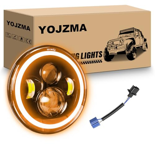 YOJZMA 1 phare LED rond de 7 pouces, 4 phares de moto à LED, feux de route/croisement blancs, halo ambré, clignotants, yeux d'angle, lumière pour Wrangler JK TJ LJ CJ moto Davidson