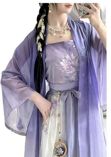 Chinese Hanfu Women Traditional Cosplay Costume Ancient Song Dynasty Summer Purple Print Hanfu 3pcs Suit (M)