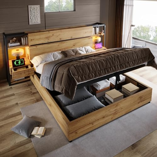 Kebnor 160×200cm Letto matrimoniale in legno, Letto contenitore idraulico, Testiera contenitore con cassetti e presa di ricarica USB&Type-C, Telaio del letto con doghe in legno, Colore rovere (Senza