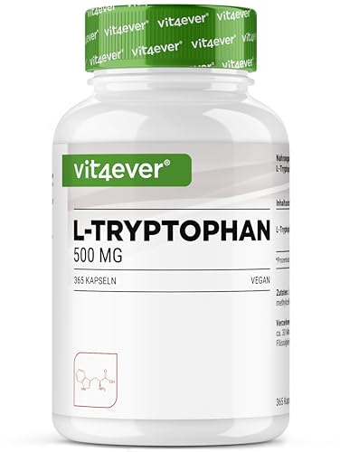 L-Tryptophan - hochdosiert mit 500mg je Kapsel - 365 vegane Kapseln - 12 Monate Reichweite - Aus pflanzlicher Fermentation - ohne unnötige Zusätze, vegan