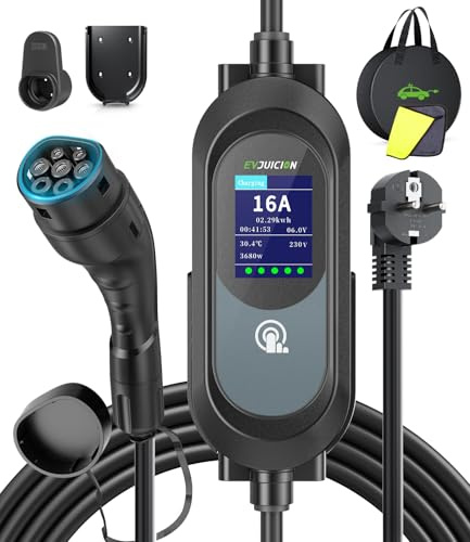 Evjuicion Caricabatteria da auto elettrico da 15 metri 3,68 KW, 8-16A, 0-12H, IP67, caricatore tipo 2, con grande schermo LED, supporto a parete e supporto cavo, portabilità cavo ricarica auto