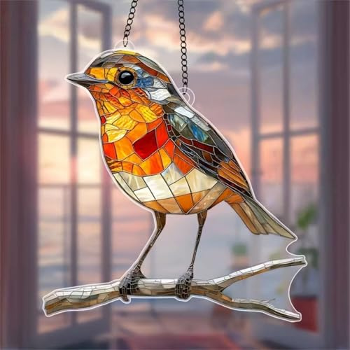 Large Robin Bird Pendant,Acrylic Hanging Garden Suncatcher Robin On Branch,Acrylic Birds Handmade Stained Glass Sun Catchers,hanging garden ornaments,Hanging Decoration for Windows, Garden(8cm)