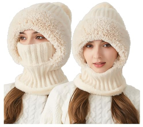 Générique Bonnet Femme 3 en 1 avec écharpe et Masque, écharpe Coupe-Vent pour Femme - Chaud Hiver Bonnet Tricoté Coupe-Vent avec Cordon Ajustable - Doublure en Polaire Chapeau d'hiver