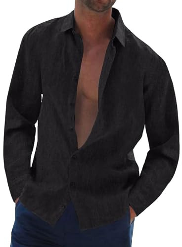 Hombres Camisa de Lino Manga Larga para Hombre Camisas de Verano Regular Fit para Ocasiones de Playa y Vestir Casual