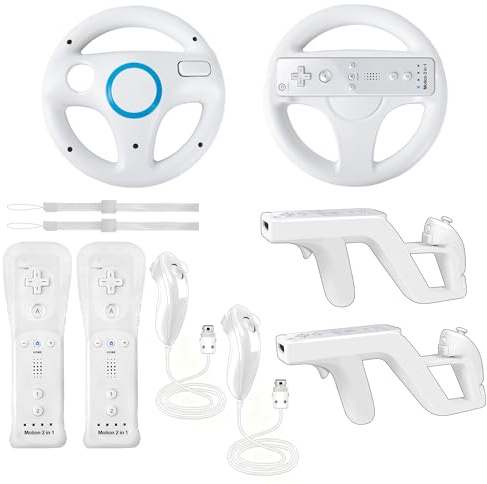 KOUROU 8PCS Motion Plus Wii Remote Controllers with Nunchucks, Mario Kart Steering Wheels and Zapper Light Gun (White)