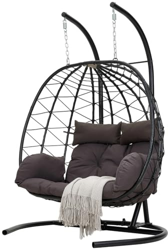 Warmiehomy Double Hanging Egg Chair Foldable 2 Seater Garden Egg Chairs with Stand Indoor Outdoor Swing Chair with Cushion Rattan Hammock Chair With Frame for Patio, Balcony, Living Room, U-Base