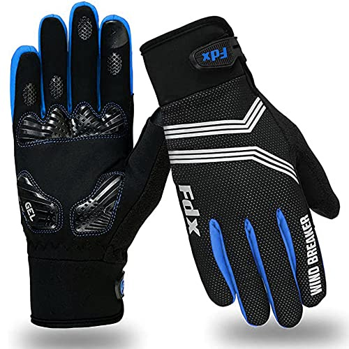 FDX Full Finger Winter Cycling Gloves - Warm Windproof, Mountain Bike Gloves Anti-Slip Padded Palm, Touchscreen, Breathable, Water Resistant MTB Racing and Running Mitts for Men Women (Blue, XL)