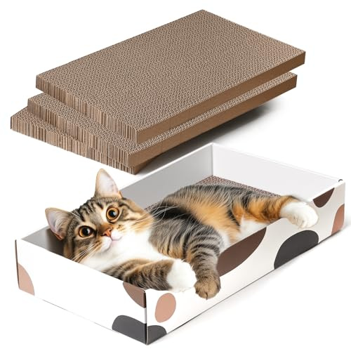 ComSaf Cat Scratcher Cardboard Indoor - 17x10 Cat Refill Box with 3 Pcs Scratching Board Reversable Long Lasting Clawing Pad for Cats, Corrugate Scratchers Bed Sofa Couch Furniture Wall Protector