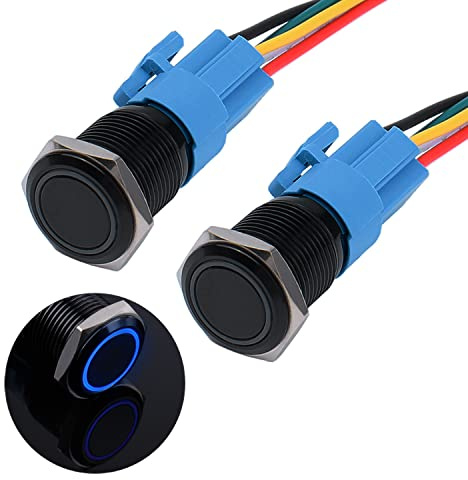 JIQI 2 × 16 mm lås tryckbrytare 12 V till 24 V 3 A vattentät självhållande svart tryckknapp av metall LED belyser förkopplad på/av-spärrknapp strömbrytare med IP66 1NO 1NC (blå)